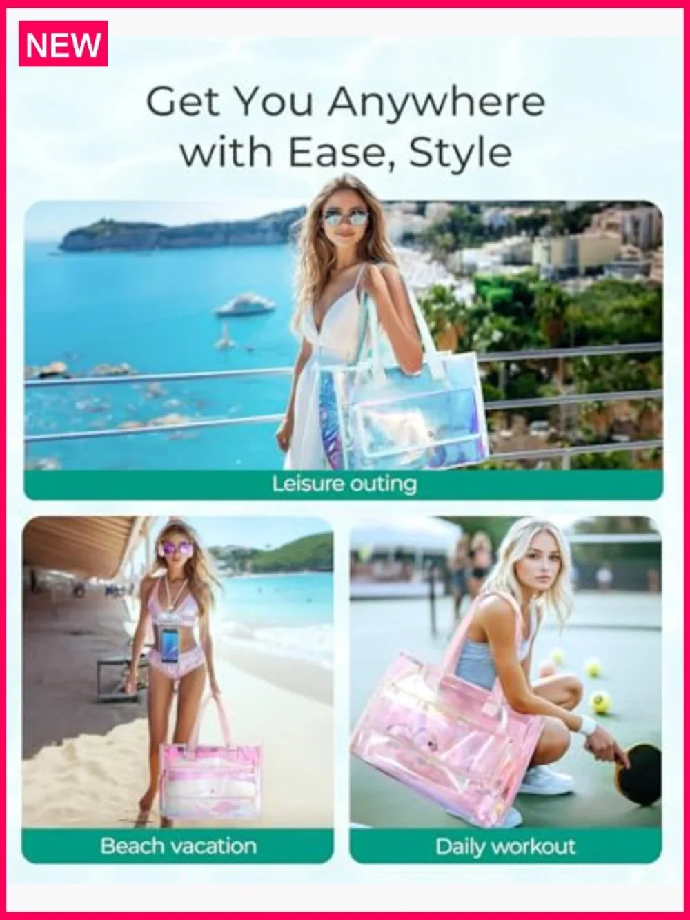 Waterproof Beach Tote with Phone Pouch Large Travel Bag